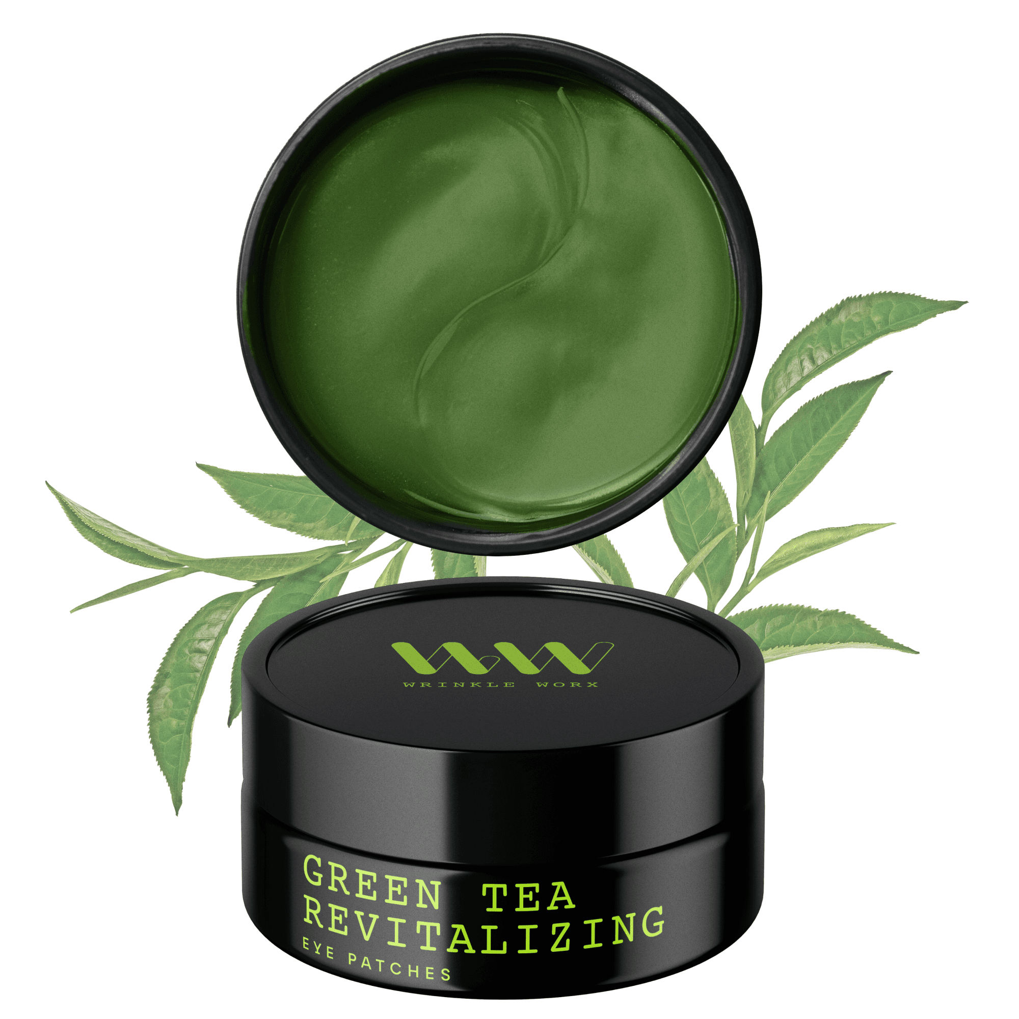Wrinkle Worx Green Tea Revitalizing eye patches, the open jar with tea leaves, the main listing picture