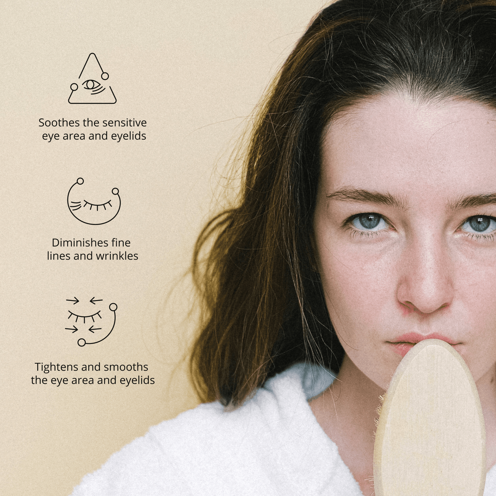 Collagen eye patches listing picture: what the patches do, a woman holding a patch