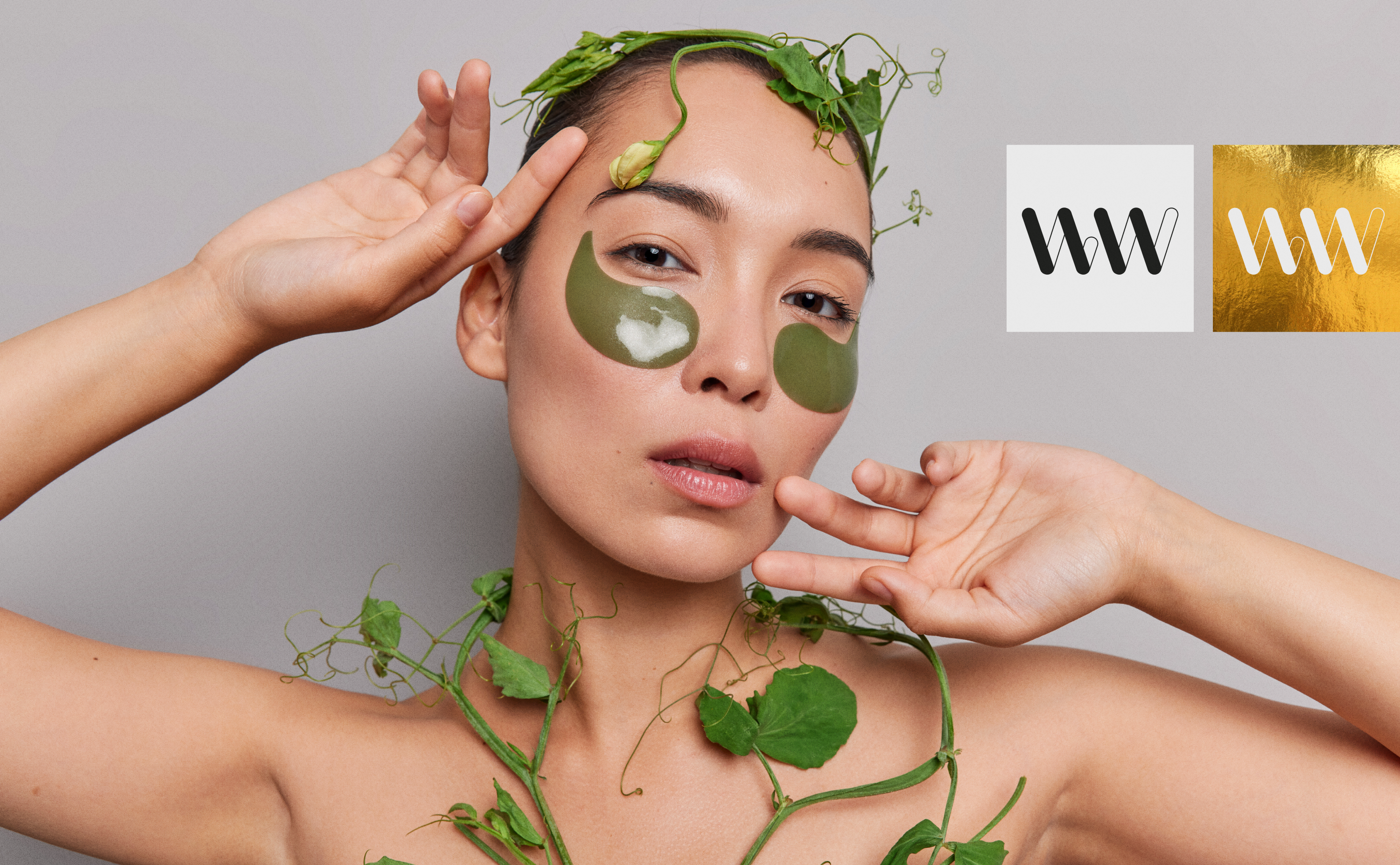 Wrinkle Worx A+ content: a woman with green eye patches and the WW logo